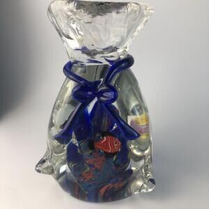 Murano Italy Coral Reef & 3 Fish In A Bag Glass Aquarium Paperweight 7.5”